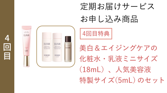 4回目 定期お届けサービスお申し込み商品 4回目特典 美白&エイジングケアの化粧水・乳液ミニサイズ(18mL)、人気美容液 特製サイズ(5mL)のセット