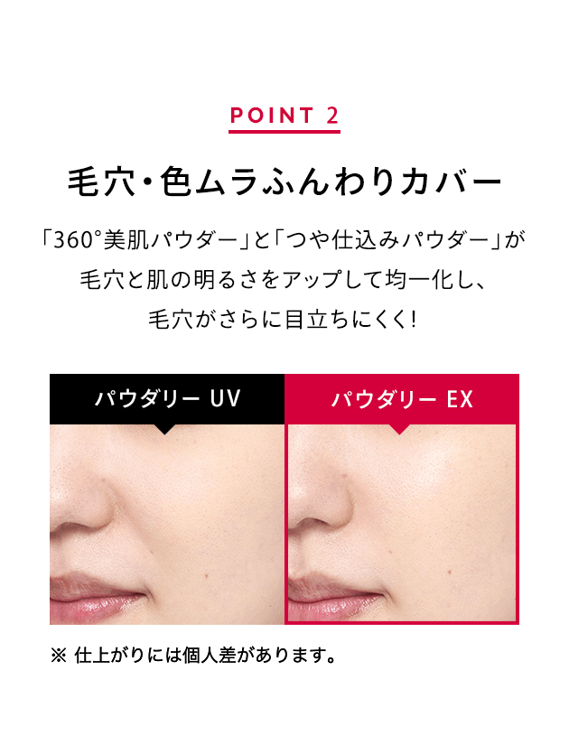 POINT 2 「360°美肌パウダー」と「つや仕込みパウダー」が毛穴と肌の明るさをアップして均一化し、毛穴がさらに目立ちにくく! パウダリー UV パウダリー EX ※ 仕上がりには個人差があります。